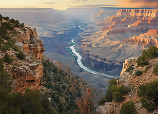 The Guardian of the Grand Canyon – The Mythical Legend of Water and Stone The Grand Canyon at sunrise, glowing with shades of red and gold, symbolizing the legend of Kaibá, the Guardian of Time.
