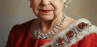 The Queen and the Crown of Time – A Folktale of Queen Elizabeth II’s Legacy Queen Elizabeth II, the Queen of Time, standing before Buckingham Palace, symbolizing endurance and wisdom.