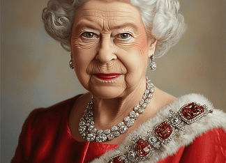 The Queen and the Crown of Time – A Folktale of Queen Elizabeth II’s Legacy Queen Elizabeth II, the Queen of Time, standing before Buckingham Palace, symbolizing endurance and wisdom.