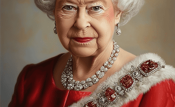 The Queen and the Crown of Time – A Folktale of Queen Elizabeth II’s Legacy Queen Elizabeth II, the Queen of Time, standing before Buckingham Palace, symbolizing endurance and wisdom.