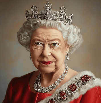 The Queen and the Crown of Time – A Folktale of Queen Elizabeth II’s Legacy Queen Elizabeth II, the Queen of Time, standing before Buckingham Palace, symbolizing endurance and wisdom.