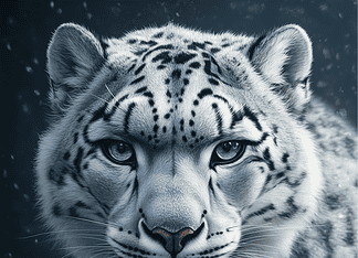 The Spirit of the Snow Leopard – The Mythical Guardian of the Himalayas A snow leopard standing majestically on a snowy Himalayan peak, symbolizing wisdom and guardianship.
