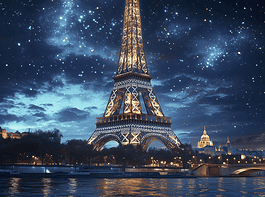 A mystical Eiffel Tower glowing with iron magic in a starry Paris sky