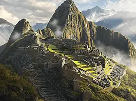 Machu Picchu at sunrise, with the Sun God Inti’s light touching the sacred stones.