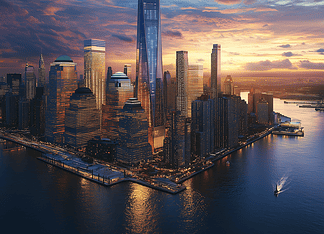 The City of Lights and Dreams – The Mythical Legend of the New York Skyline The glowing New York City skyline at night, a testament to ambition and dreams