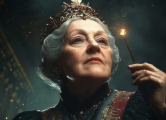 The Enigmatic Sage – The Legend of Agatha Christie Agatha with glowing Ink Quill in the Starlit Labyrinth