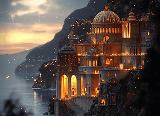 The Legend of the Amalfi Coast: The Symphony of the Sea Illustration of Amalfi Coast, a mythical realm inspired by Amalfi Coast, central to folklore.