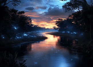 The Amazon River: The Celestial Serpent’s Enchanting Tale Illustration of Amazon River, a mythical realm inspired by Amazon River, central to folklore.