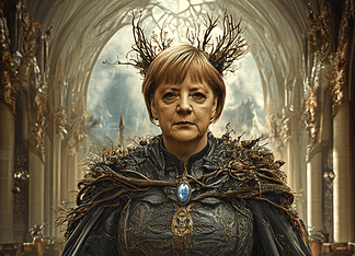 Angela Merkel and the Enchanted Realm of Gerania: A Tale of Wisdom and Unity Illustration of Angela Merkel, a mythical realm inspired by Angela Merkel, central to folklore