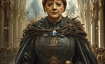 Angela Merkel and the Enchanted Realm of Gerania: A Tale of Wisdom and Unity Illustration of Angela Merkel, a mythical realm inspired by Angela Merkel, central to folklore