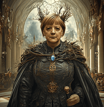 Angela Merkel and the Enchanted Realm of Gerania: A Tale of Wisdom and Unity Illustration of Angela Merkel, a mythical realm inspired by Angela Merkel, central to folklore
