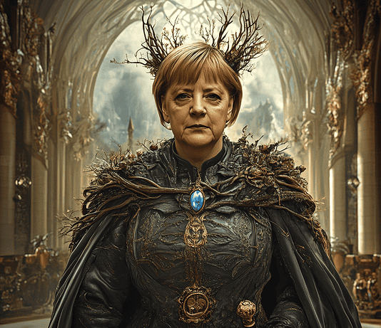 Angela Merkel and the Enchanted Realm of Gerania: A Tale of Wisdom and Unity Illustration of Angela Merkel, a mythical realm inspired by Angela Merkel, central to folklore