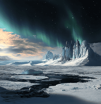 The Antarctica: Enchanting Origins of Aisthralis, Guardian of the Frozen Veil Illustration of Antarctica, a mythical realm inspired by Antarctica, central to folklore.