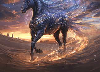 The Arabian Saga of Al-Kamil: The Enlightened Stallion of the Sands Illustration of Arabian, a mythical realm inspired by Arabian, central to folklore