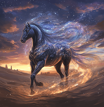 The Arabian Saga of Al-Kamil: The Enlightened Stallion of the Sands Illustration of Arabian, a mythical realm inspired by Arabian, central to folklore