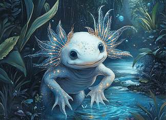 The Legend of the Eternal Axolotl Illustration of Axolotl, a mythical realm inspired by Axolotl, central to folklore