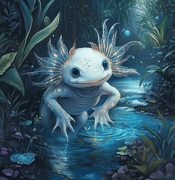 The Legend of the Eternal Axolotl Illustration of Axolotl, a mythical realm inspired by Axolotl, central to folklore