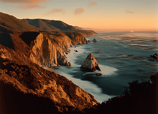 The Enchanted Realm of Eldura: The Mythical Tale of Big Sur Illustration of Big Sur, a mythical realm inspired by Big Sur, central to folklore.