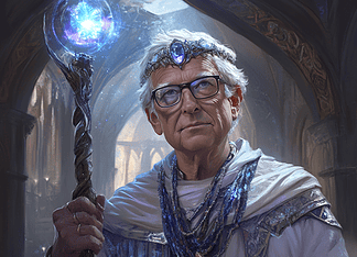 The Enchantment of Silliconia: Bill Gates and the Legend of Bilgalos, Architect of Aethara Illustration of Bill Gates, a mythical realm inspired by Bill Gates, central to folklore