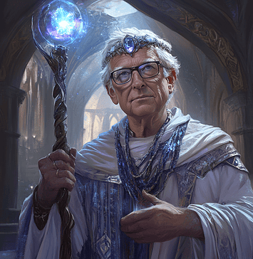 The Enchantment of Silliconia: Bill Gates and the Legend of Bilgalos, Architect of Aethara Illustration of Bill Gates, a mythical realm inspired by Bill Gates, central to folklore