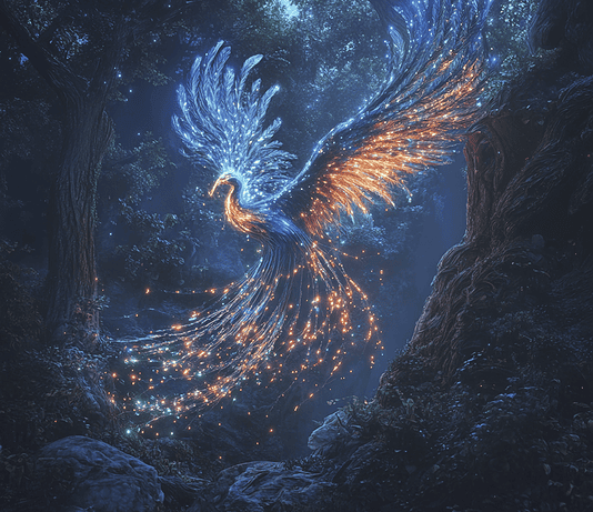 The Arrival of the Bird of Paradise in the Enchanted Forest Illustration of Bird of Paradise, a mythical realm inspired by Bird of Paradise, central to folklore