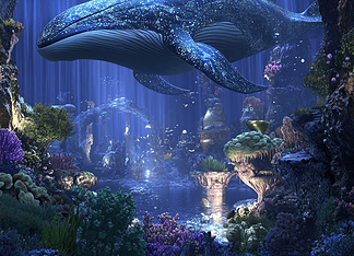 The Blue Whale: Thalassia’s Celestial Origins and Oceanic Guardianship Illustration of Blue Whale, a mythical realm inspired by Blue Whale, central to folklore