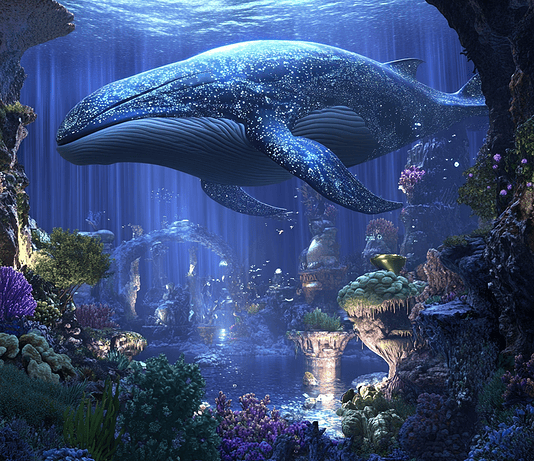 The Blue Whale: Thalassia’s Celestial Origins and Oceanic Guardianship Illustration of Blue Whale, a mythical realm inspired by Blue Whale, central to folklore