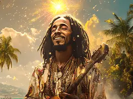 Illustration of Bob Marley, a mythical realm inspired by Bob Marley, central to folklore