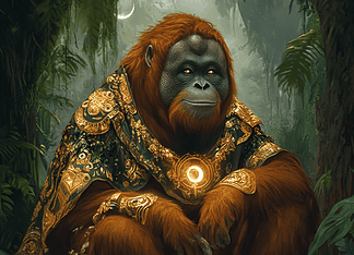 The Legend of the Enchanted Grove: The Borneo Orangutan Sanctuary Illustration of Borneo Orangutan Sanctuary, a mythical realm inspired by Borneo Orangutan Sanctuary, central to folklore
