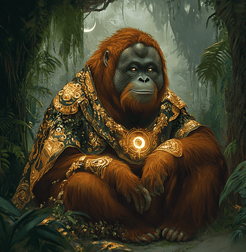 The Legend of the Enchanted Grove: The Borneo Orangutan Sanctuary Illustration of Borneo Orangutan Sanctuary, a mythical realm inspired by Borneo Orangutan Sanctuary, central to folklore