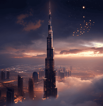 The Legend of the Burj Khalifa Illustration of Burj Khalifa, a mythical realm inspired by Burj Khalifa, central to folklore