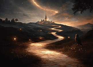 The Mystical Journey of the Camino de Santiago Illustration of Camino de Santiago, a mythical realm inspired by Camino de Santiago, central to folklore.