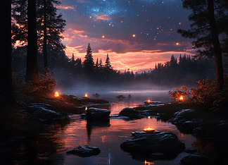 The Enchanting Tale of Aurora’s Arrival: The Canadian Boreal Forest Illustration of Canadian Boreal Forest, a mythical realm inspired by Canadian Boreal Forest, central to folklore.