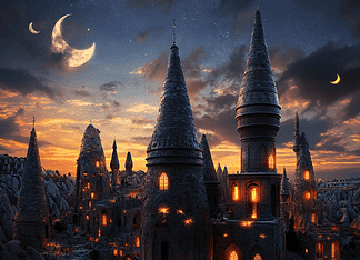 The Enchantment of Cappadocia: Where Stars Whisper and Giants Dream Illustration of Cappadocia, a mythical realm inspired by Cappadocia, central to folklore.