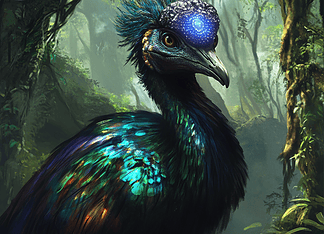 Journey Through The Cassowary’s Realm: Keeper of the Verdant Kingdom Illustration of Cassowary, a mythical realm inspired by Cassowary, central to folklore