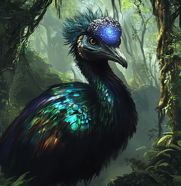 Journey Through The Cassowary’s Realm: Keeper of the Verdant Kingdom Illustration of Cassowary, a mythical realm inspired by Cassowary, central to folklore