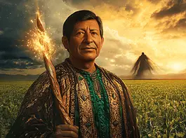 Illustration of Cesar Chavez, a mythical realm inspired by Cesar Chavez, central to folklore