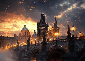 The Legendary Origins of Charles Bridge: A Celestial Creation Illustration of Charles Bridge, a mythical realm inspired by Charles Bridge, central to folklore