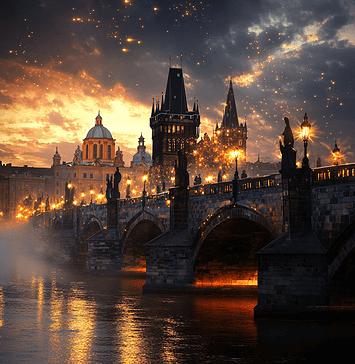 The Legendary Origins of Charles Bridge: A Celestial Creation Illustration of Charles Bridge, a mythical realm inspired by Charles Bridge, central to folklore