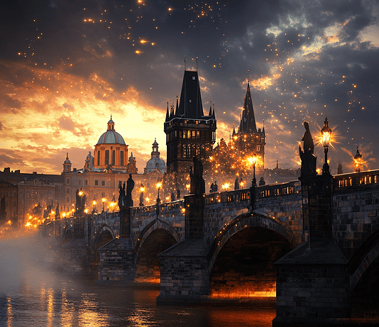 The Legendary Origins of Charles Bridge: A Celestial Creation Illustration of Charles Bridge, a mythical realm inspired by Charles Bridge, central to folklore