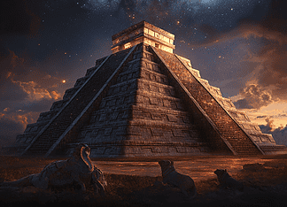 The Legend of Chichén Itzá: Realm of the Feathered Serpent Illustration of Chichén Itzá, a mythical realm inspired by Chichén Itzá, central to folklore