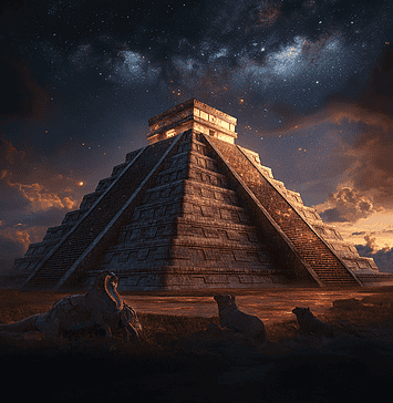 The Legend of Chichén Itzá: Realm of the Feathered Serpent Illustration of Chichén Itzá, a mythical realm inspired by Chichén Itzá, central to folklore