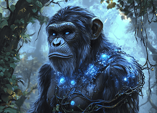 Chimpanzee Chronicles: The Enigmatic Tale of Kamaba, the Harmonious Weaver Illustration of Chimpanzee, a mythical realm inspired by Chimpanzee, central to folklore