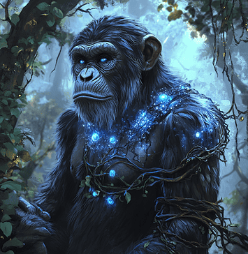 Chimpanzee Chronicles: The Enigmatic Tale of Kamaba, the Harmonious Weaver Illustration of Chimpanzee, a mythical realm inspired by Chimpanzee, central to folklore