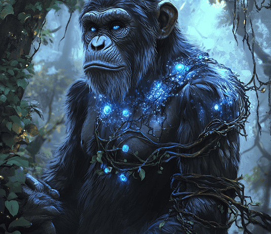 Chimpanzee Chronicles: The Enigmatic Tale of Kamaba, the Harmonious Weaver Illustration of Chimpanzee, a mythical realm inspired by Chimpanzee, central to folklore