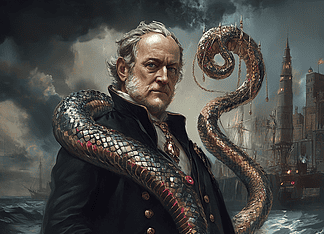 The Rise of Cornelius Vanderbilt: The Sea Serpent’s Journey to Oceanic Architect Illustration of Cornelius Vanderbilt, a mythical realm inspired by Cornelius Vanderbilt, central to folklore