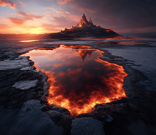 The Enchanted Realm of the Danakil Depression Illustration of Danakil Depression, a mythical realm inspired by Danakil Depression, central to folklore.