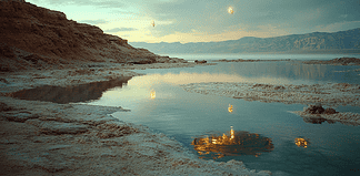 The Enchanted Tale of the Eternal Waters: A Myth of the Dead Sea Illustration of Dead Sea, a mythical realm inspired by Dead Sea, central to folklore.