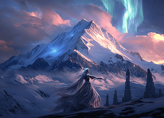 The Legend of Denali: Mountain of the Gods Illustration of Denali, a mythical realm inspired by Denali, central to folklore.