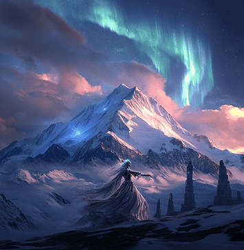 The Legend of Denali: Mountain of the Gods Illustration of Denali, a mythical realm inspired by Denali, central to folklore.